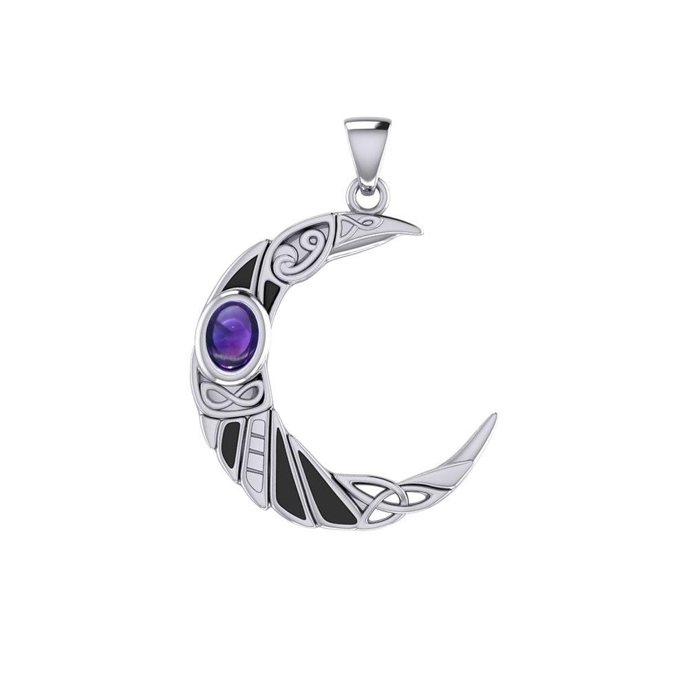 Raven Crescent Moon Gemstone Pendant in 14K White Gold