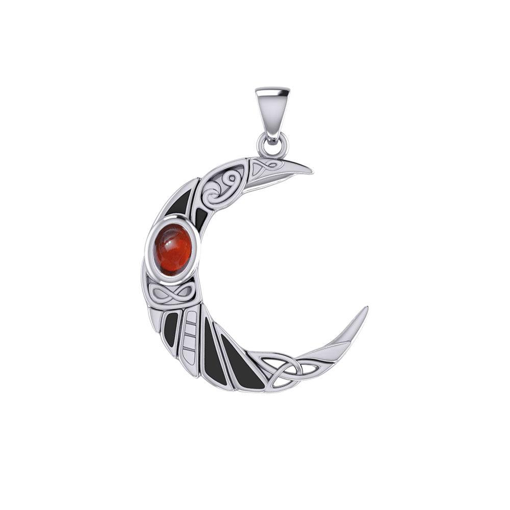 Raven Crescent Moon Gemstone Pendant in 14K White Gold