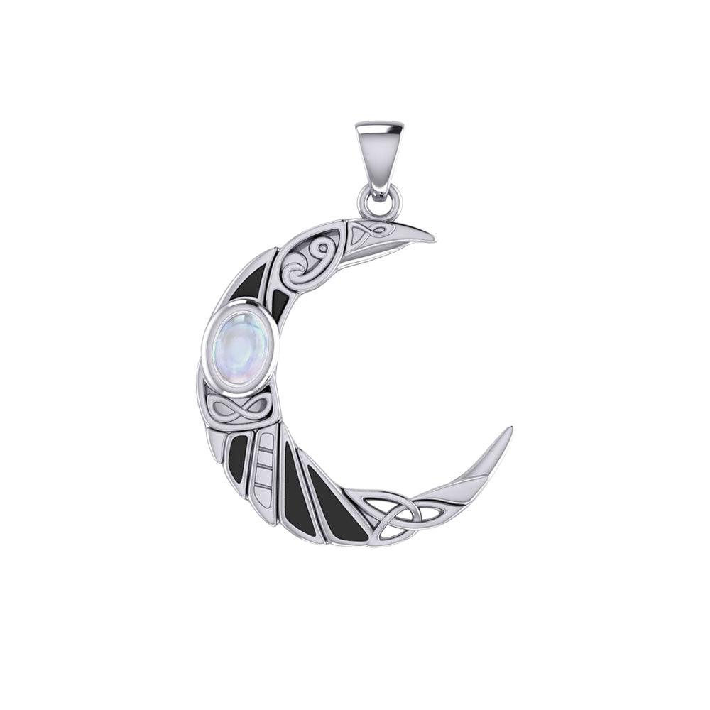 Raven Crescent Moon Gemstone Pendant in 14K White Gold
