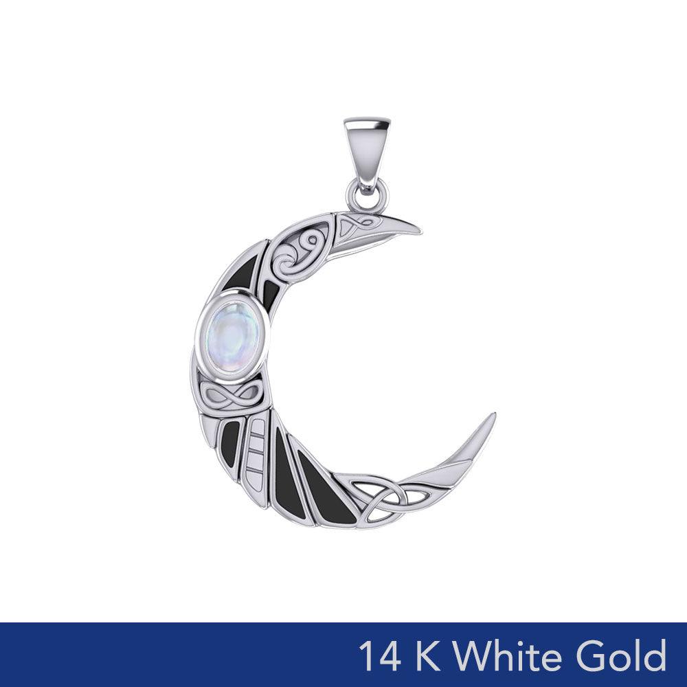 Raven Crescent Moon Gemstone Pendant in 14K White Gold