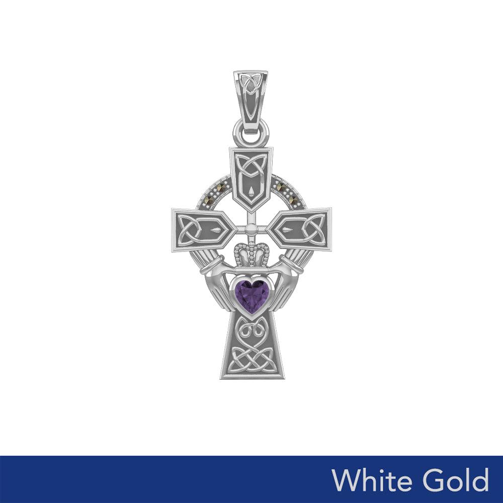 Celtic Claddagh Cross with Heart Gemstone in White Gold - 5 Gem options