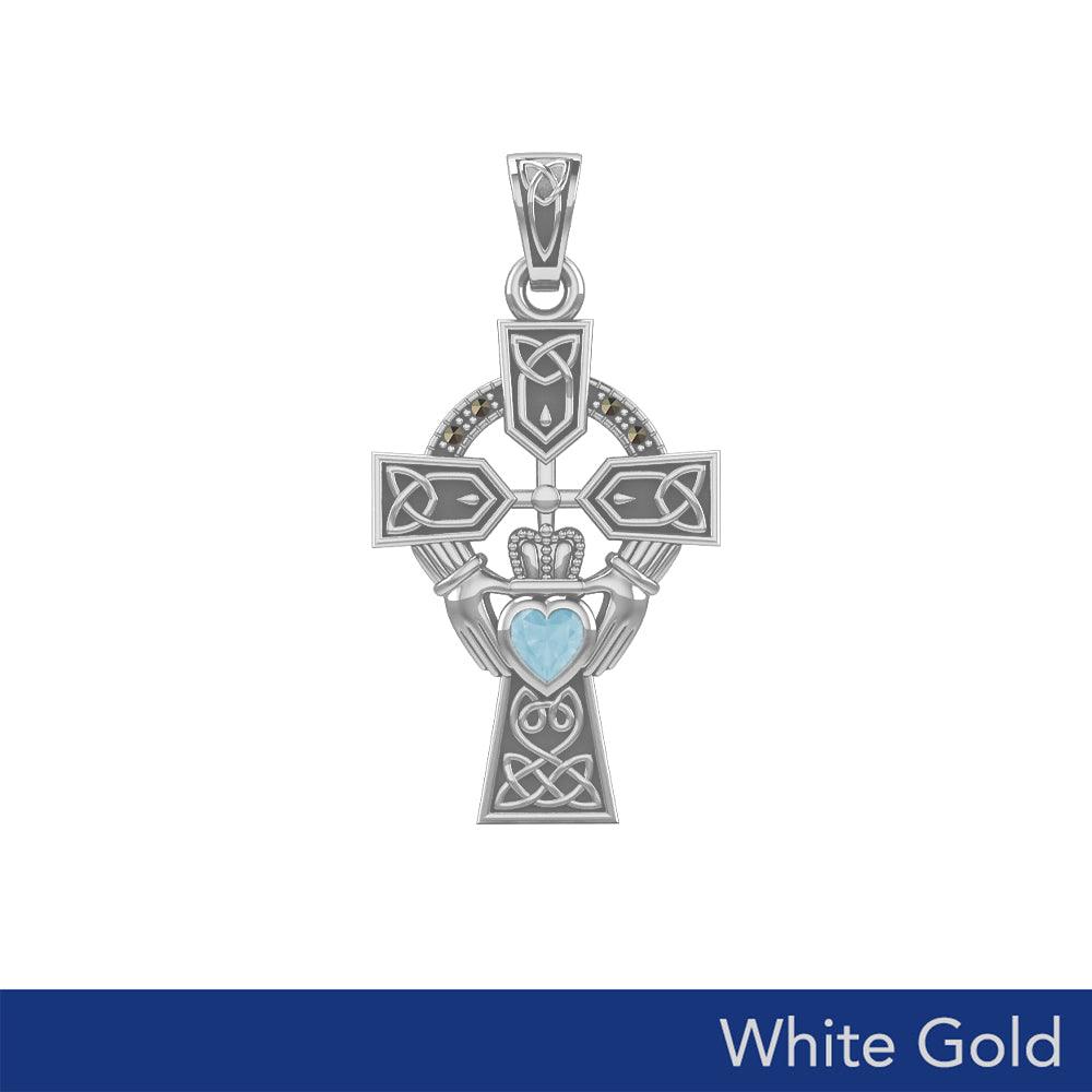 Celtic Claddagh Cross with Heart Gemstone in White Gold - 5 Gem options