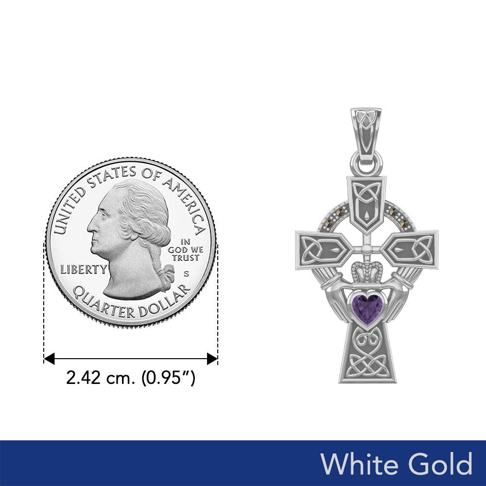 Celtic Claddagh Cross with Heart Gemstone in White Gold - 5 Gem options
