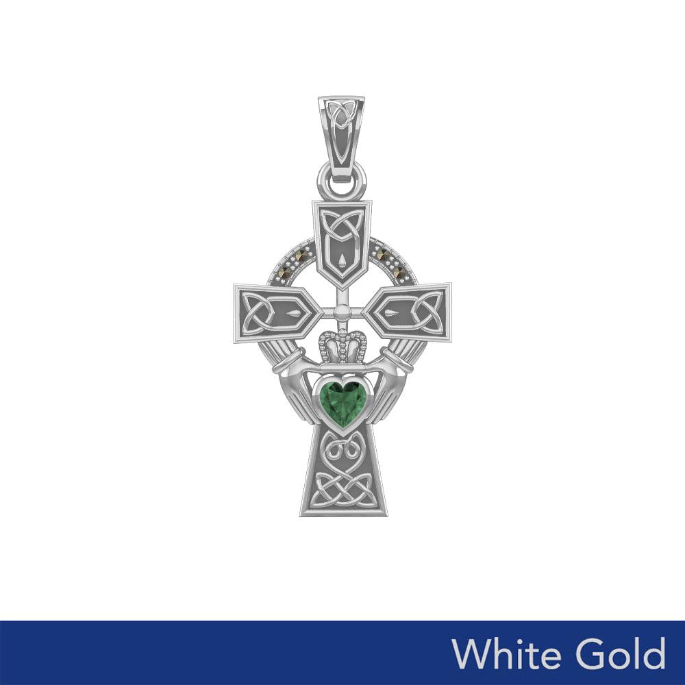 Celtic Claddagh Cross with Heart Gemstone in White Gold - 5 Gem options
