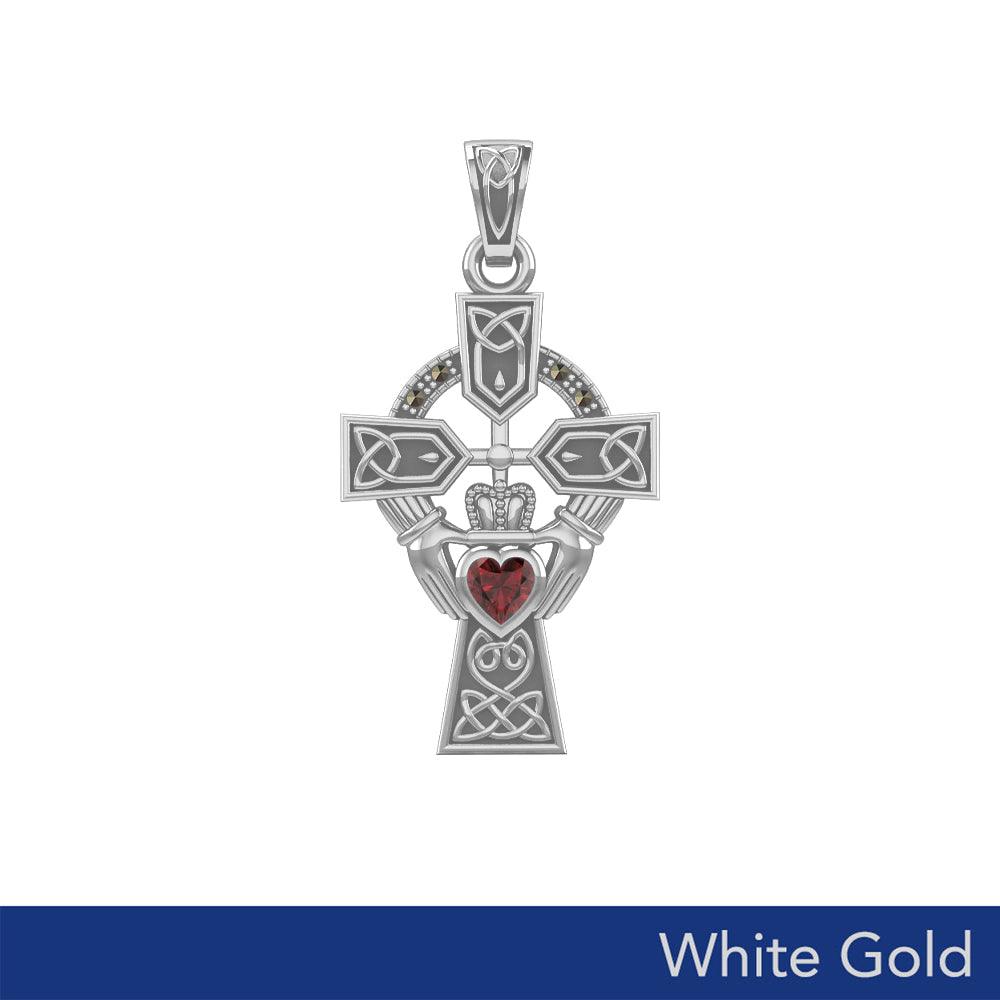 Celtic Claddagh Cross with Heart Gemstone in White Gold - 5 Gem options