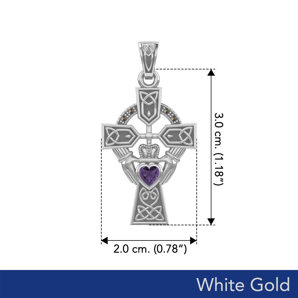Celtic Claddagh Cross with Heart Gemstone in White Gold - 5 Gem options