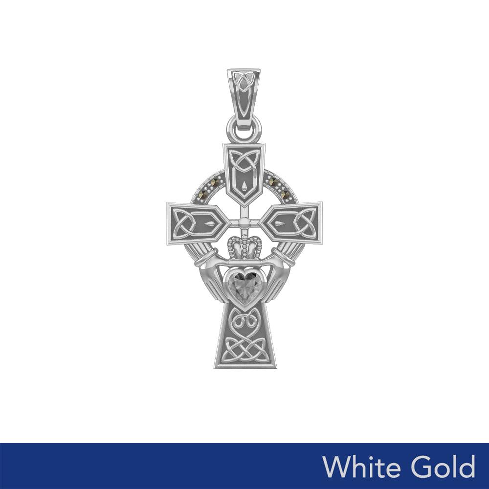 Celtic Claddagh Cross with Heart Gemstone in White Gold - 5 Gem options