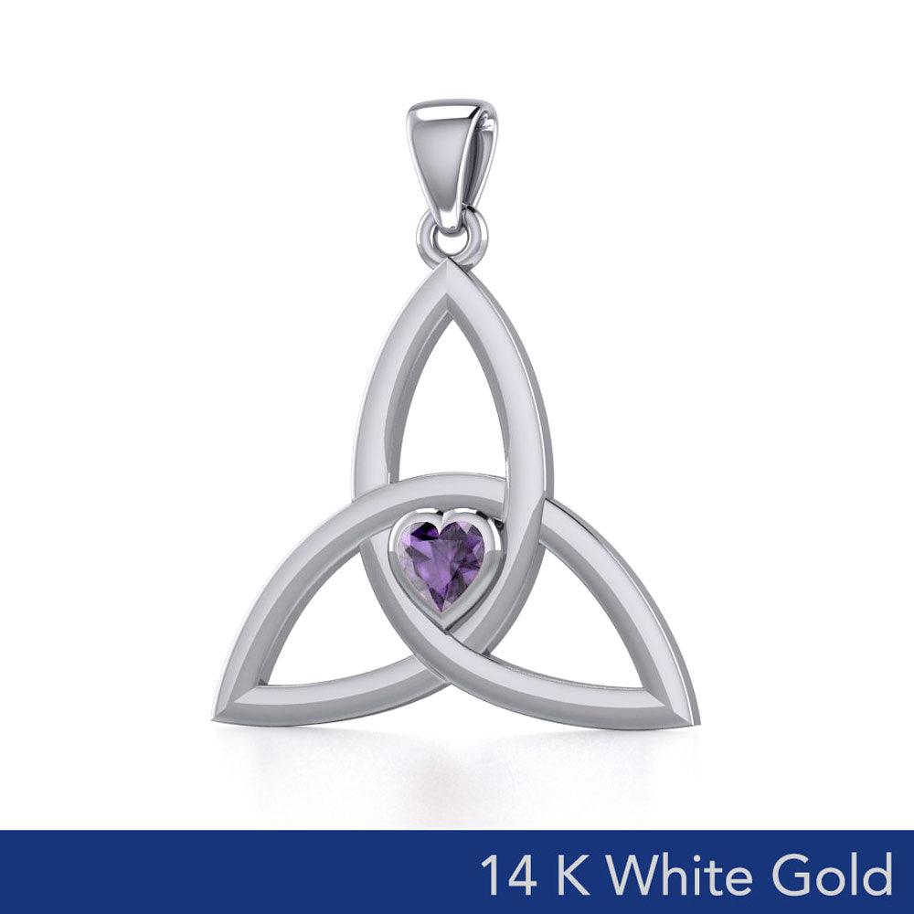 The Triquetra of Eternal Unity in 14K White Gold with Heart-Shaped Gem