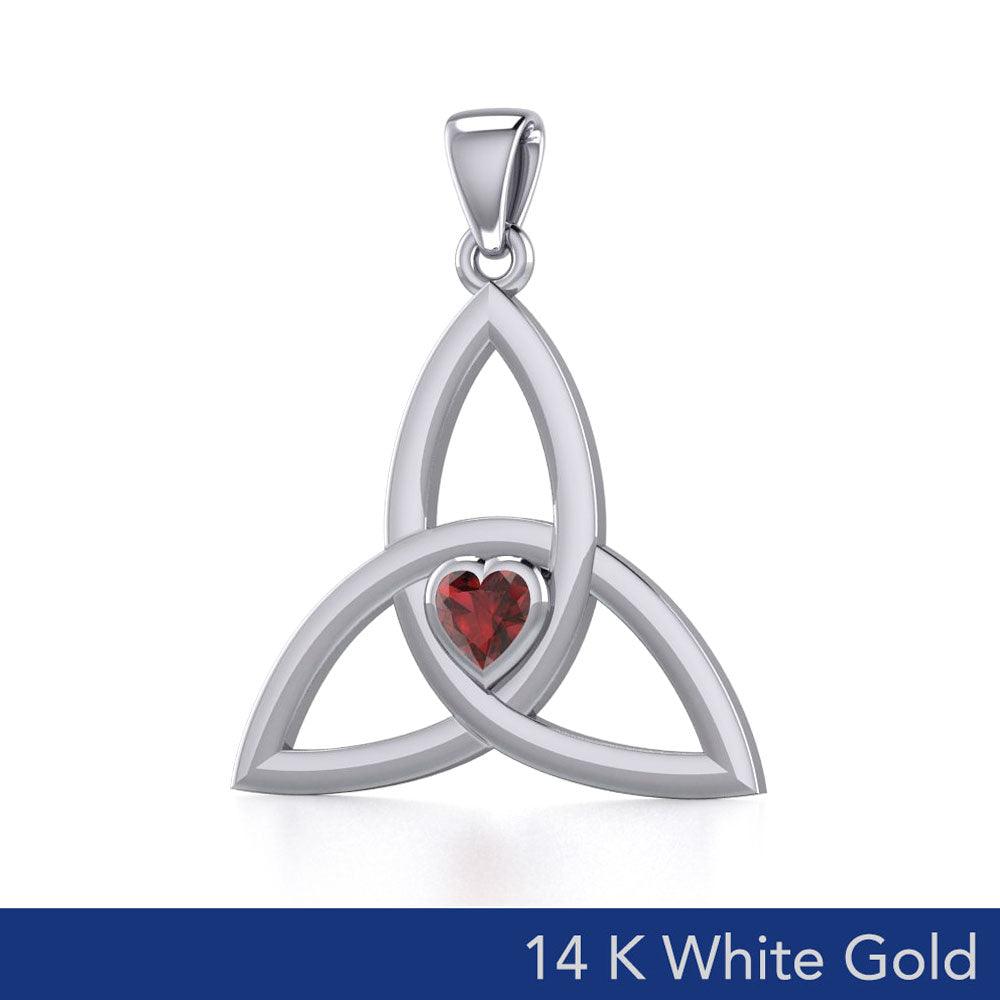 The Triquetra of Eternal Unity in 14K White Gold with Heart-Shaped Gem