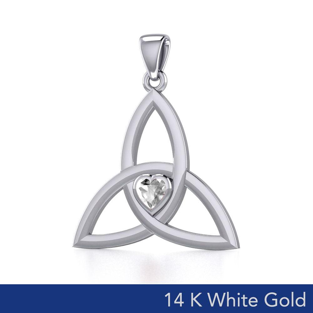 The Triquetra of Eternal Unity in 14K White Gold with Heart-Shaped Gem