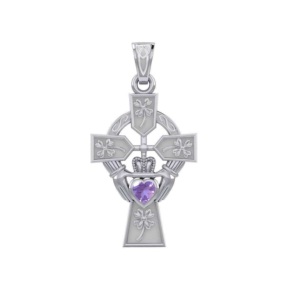 Claddagh Celtic Cross Pendant with Shamrocks & Lucky Gemstone Heart - 14K White Gold