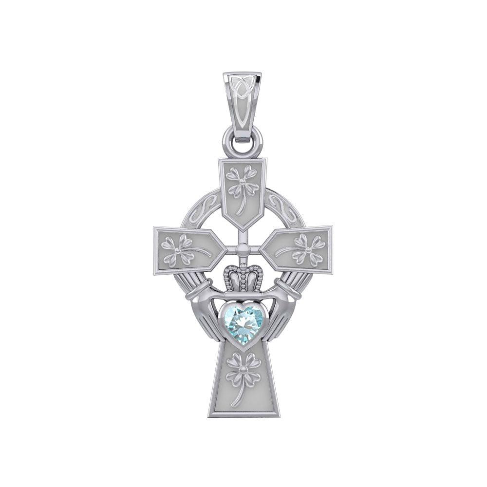 Claddagh Celtic Cross Pendant with Shamrocks & Lucky Gemstone Heart - 14K White Gold