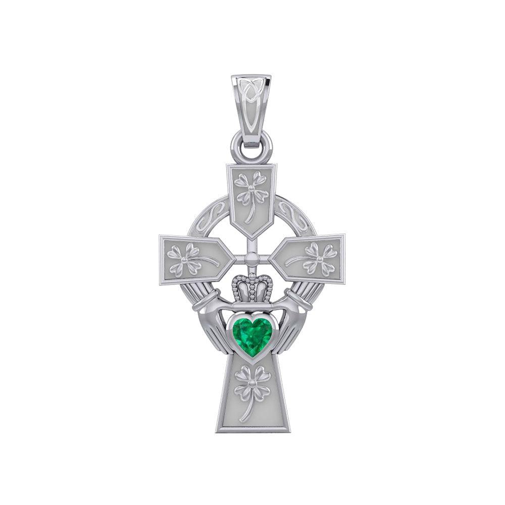 Claddagh Celtic Cross Pendant with Shamrocks & Lucky Gemstone Heart - 14K White Gold