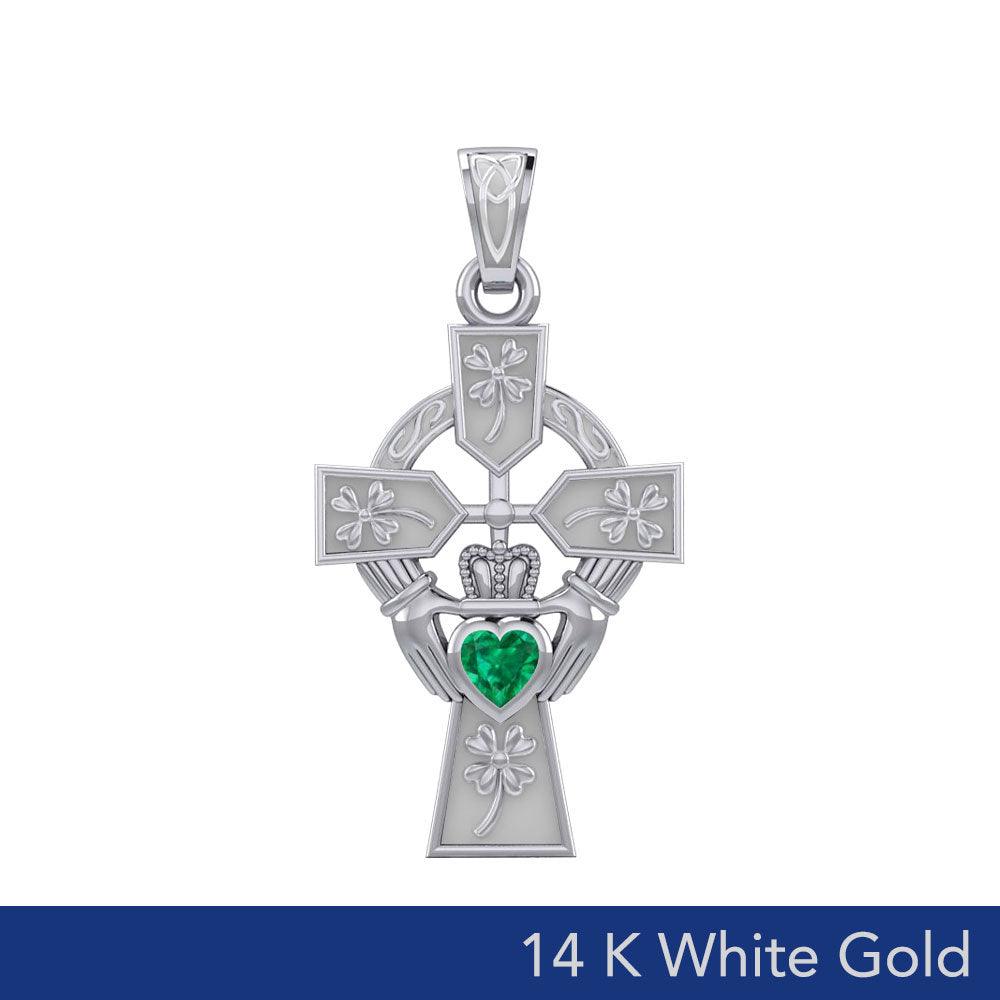 Claddagh Celtic Cross Pendant with Shamrocks & Lucky Gemstone Heart - 14K White Gold