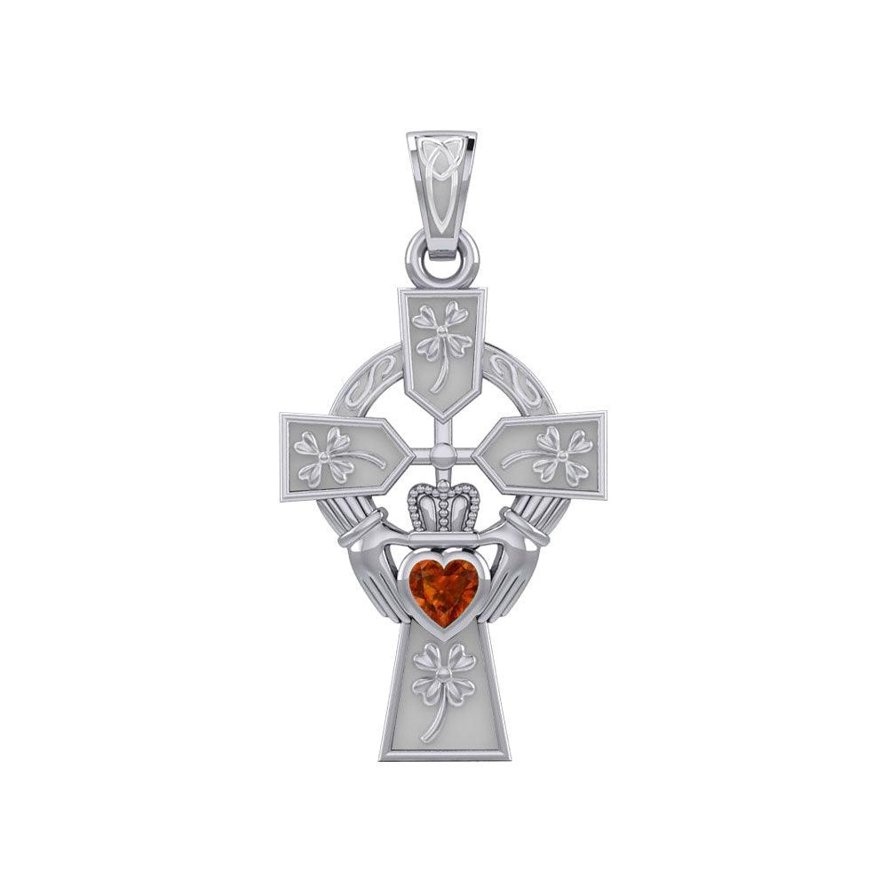 Claddagh Celtic Cross Pendant with Shamrocks & Lucky Gemstone Heart - 14K White Gold