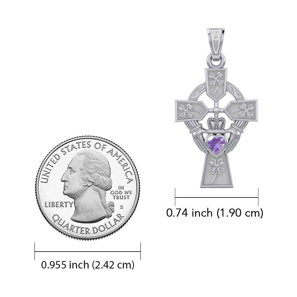 Claddagh Celtic Cross Pendant with Shamrocks & Lucky Gemstone Heart - 14K White Gold