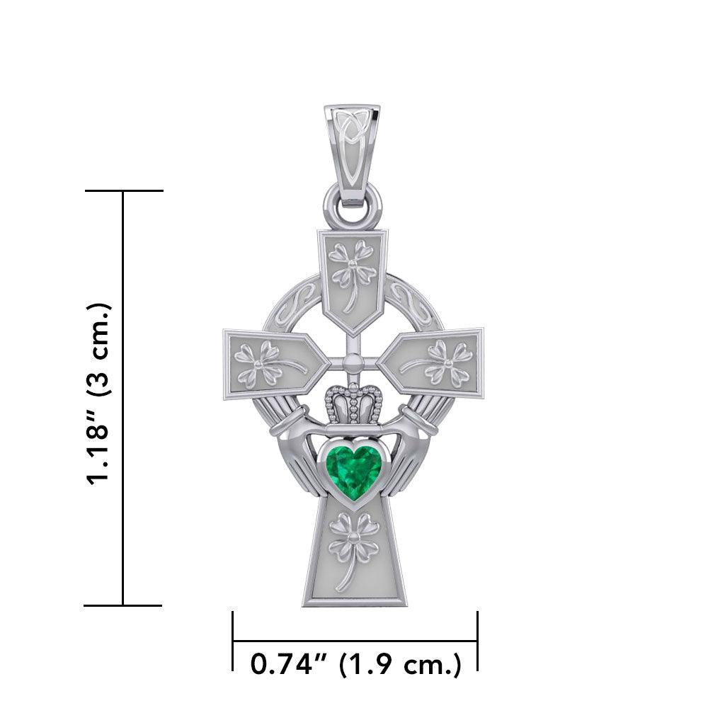 Claddagh Celtic Cross Pendant with Shamrocks & Lucky Gemstone Heart - 14K White Gold