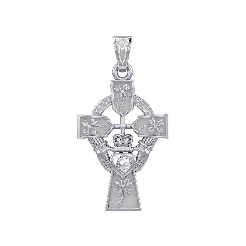 Claddagh Celtic Cross Pendant with Shamrocks & Lucky Gemstone Heart - 14K White Gold
