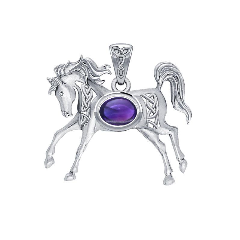 Celtic Running Horse Pendant in 14K White Gold with Gemstone