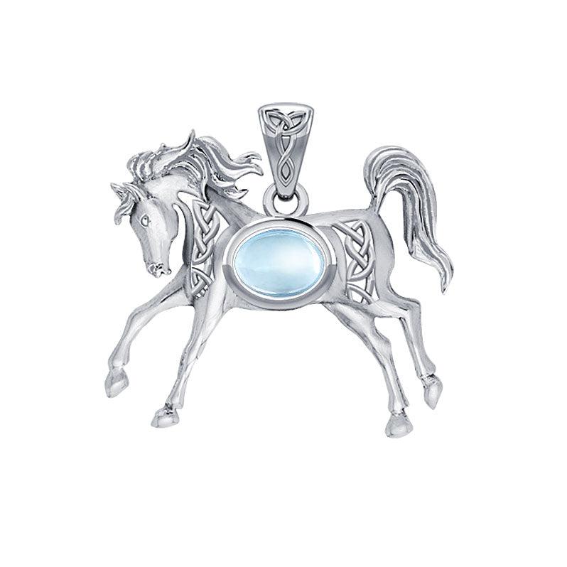 Celtic Running Horse Pendant in 14K White Gold with Gemstone