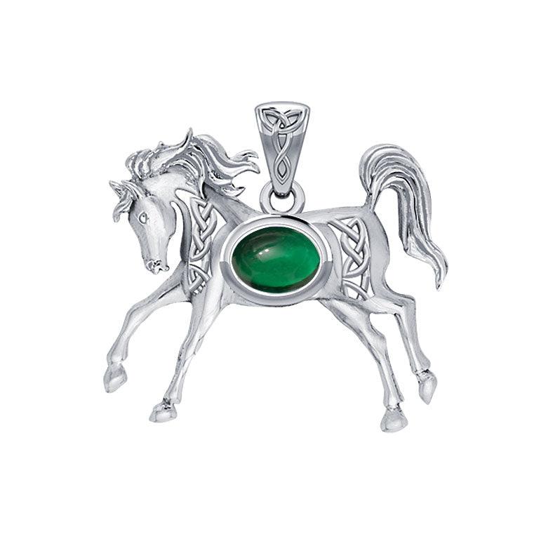 Celtic Running Horse Pendant in 14K White Gold with Gemstone
