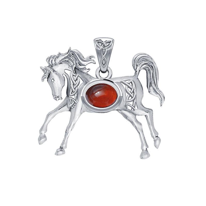 Celtic Running Horse Pendant in 14K White Gold with Gemstone