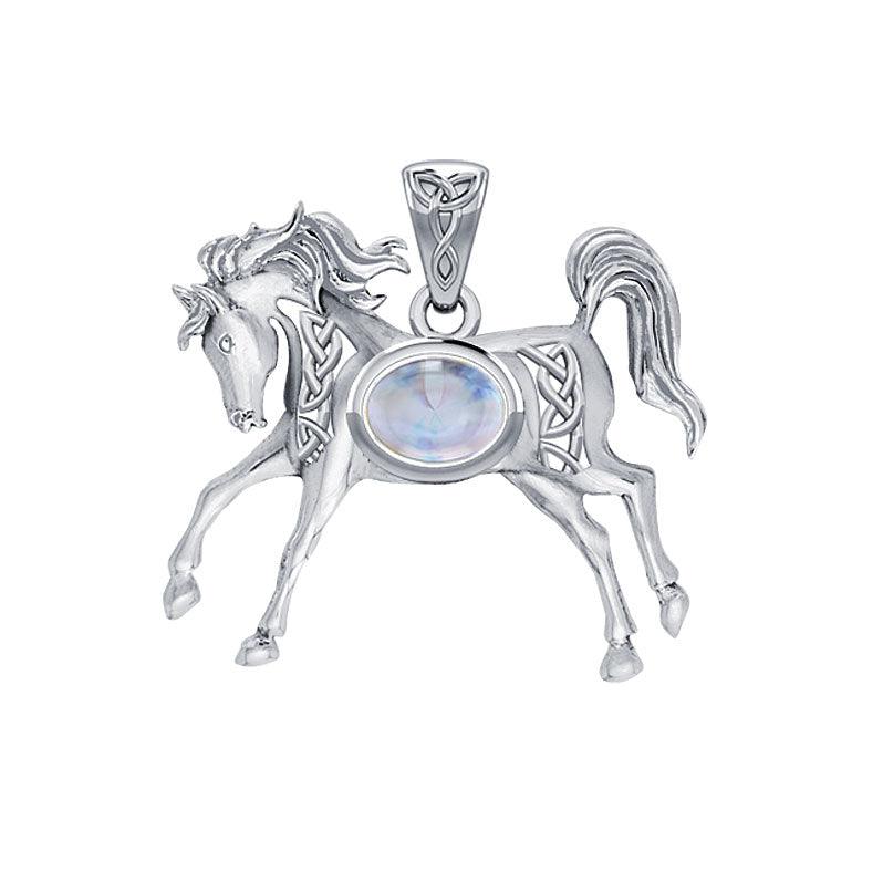 Celtic Running Horse Pendant in 14K White Gold with Gemstone
