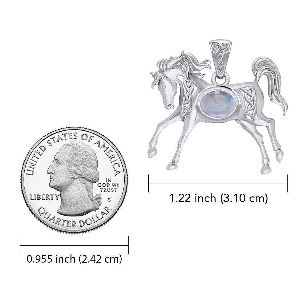 Celtic Running Horse Pendant in 14K White Gold with Gemstone