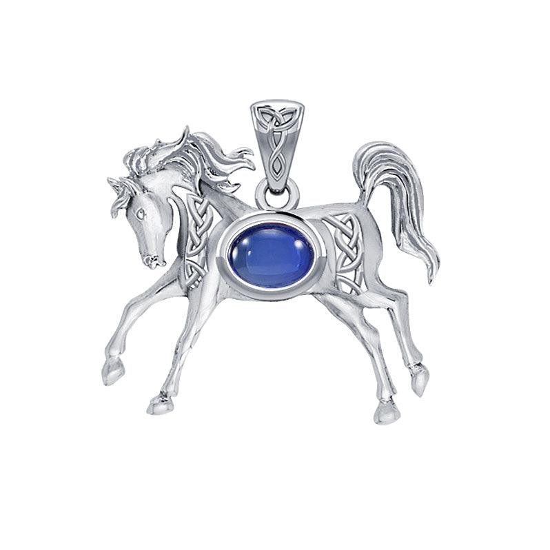 Celtic Running Horse Pendant in 14K White Gold with Gemstone
