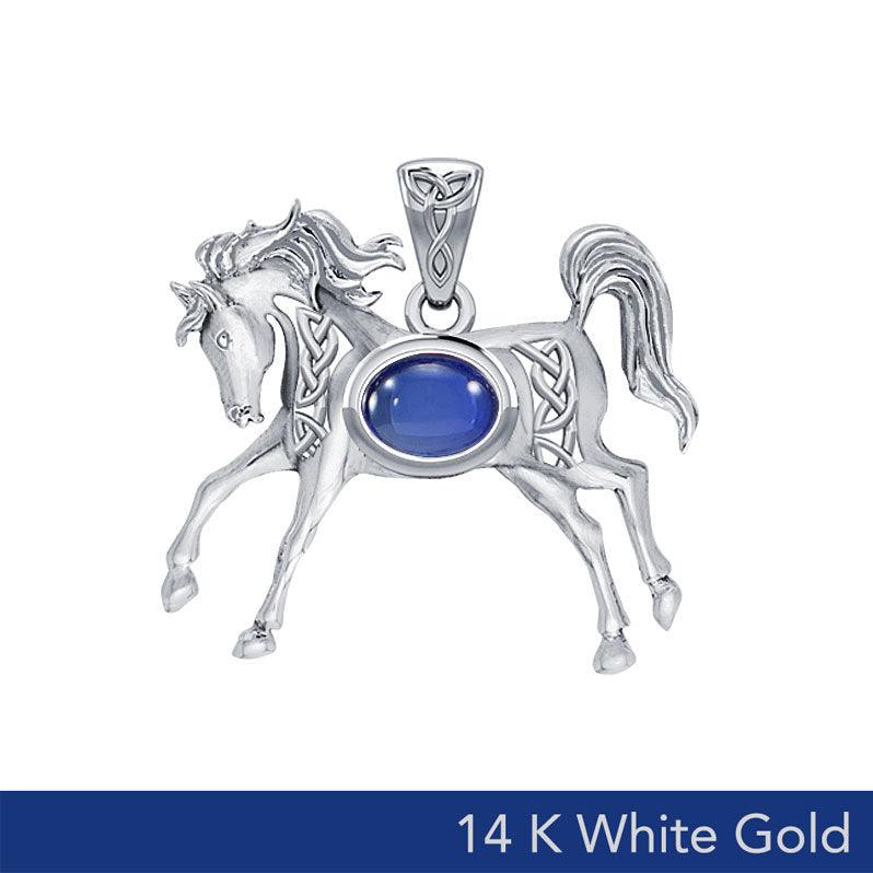 white gold silver horse pendant with blue stone and intricate
 celtic design 