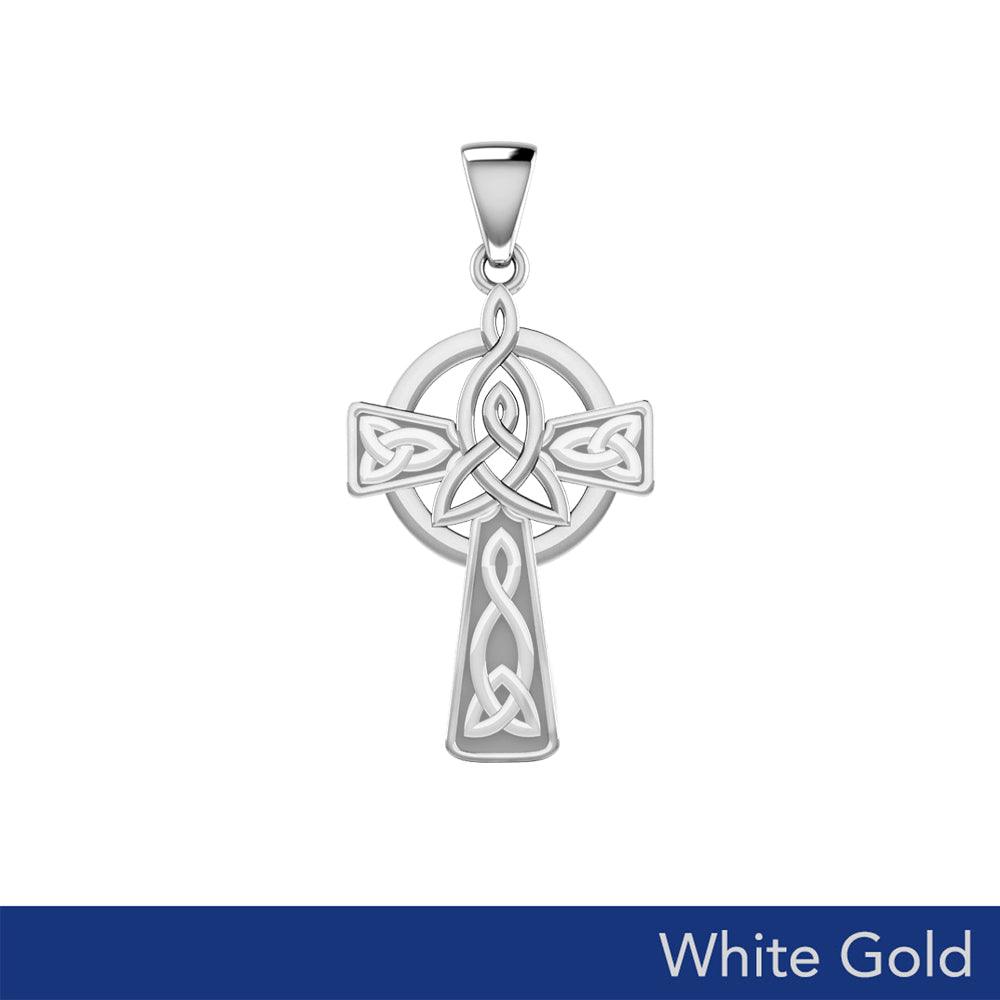 Celtic Cross with Trinity Knot Halo of Light Pendant Solid White Gold 10k, 14K, or 18K