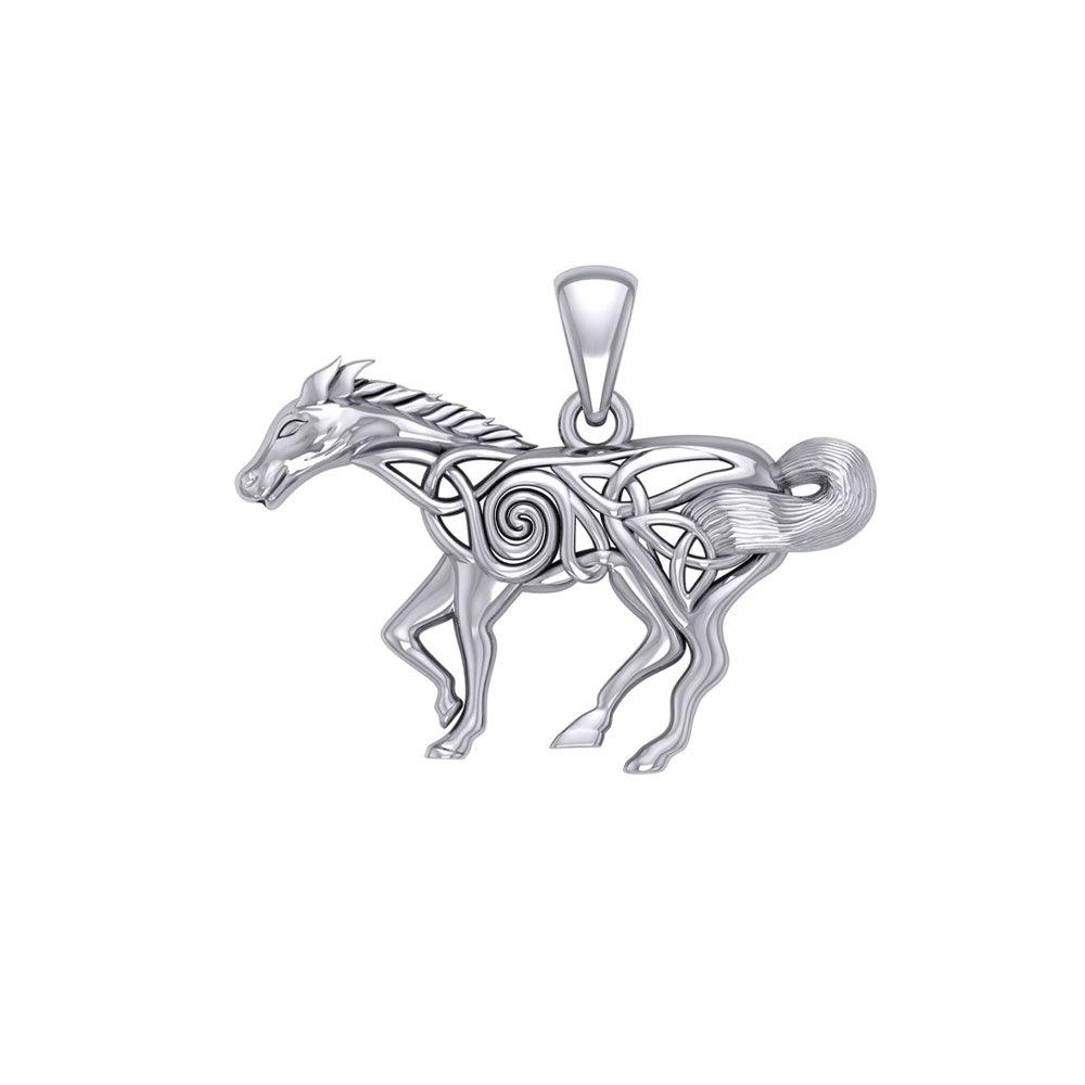 Celtic Filigree Running Horse of Freedom Pendant in 14K White Gold