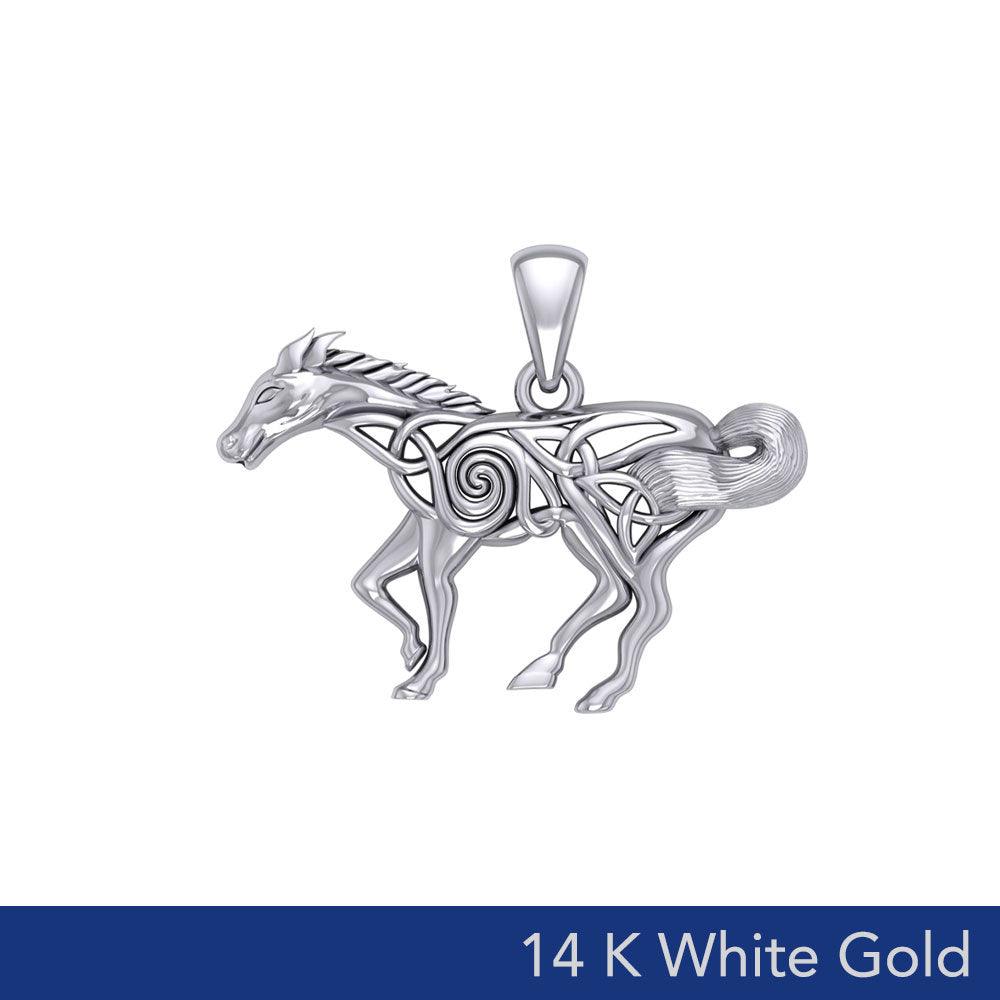 Celtic Filigree Running Horse of Freedom Pendant in 14K White Gold