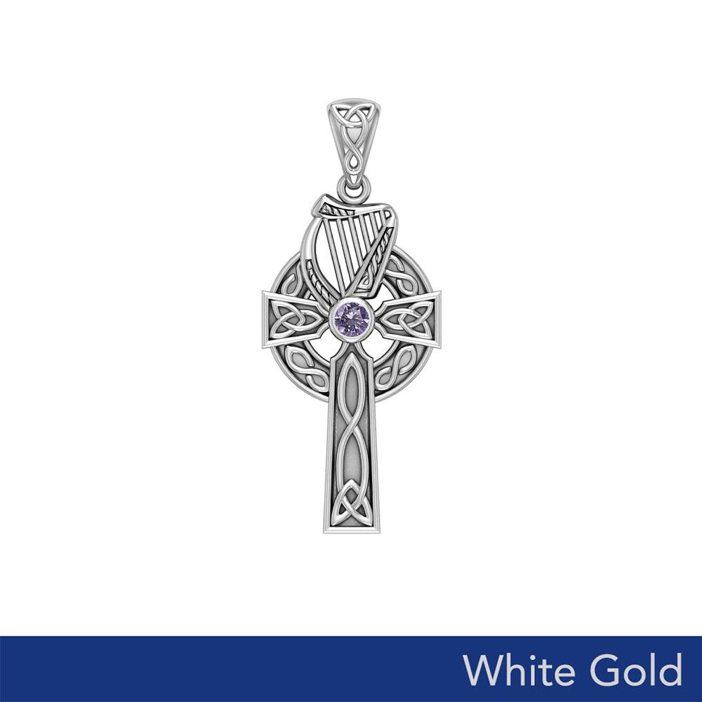 The Harp of Eternity: White Gold Celtic Cross Pendant