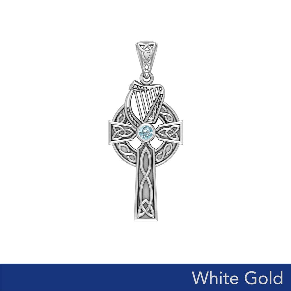 The Harp of Eternity: White Gold Celtic Cross Pendant