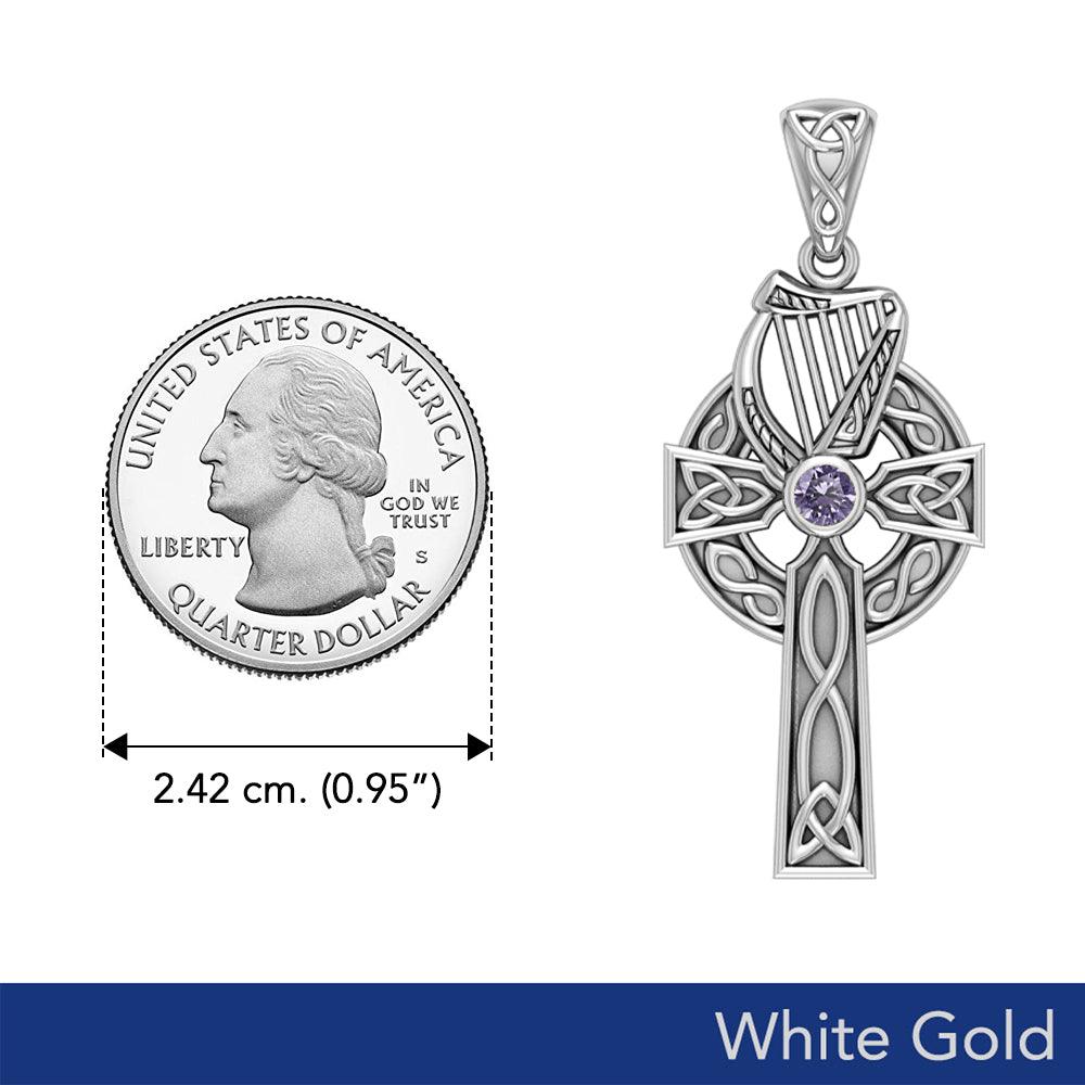 The Harp of Eternity: White Gold Celtic Cross Pendant