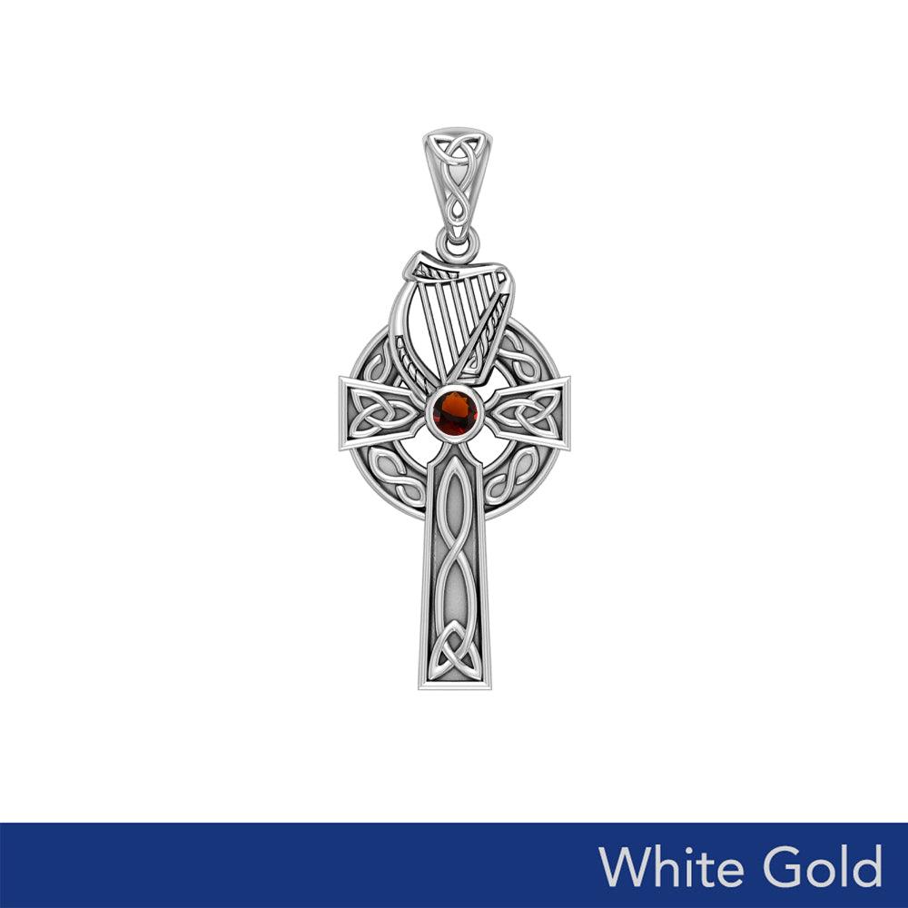 The Harp of Eternity: White Gold Celtic Cross Pendant