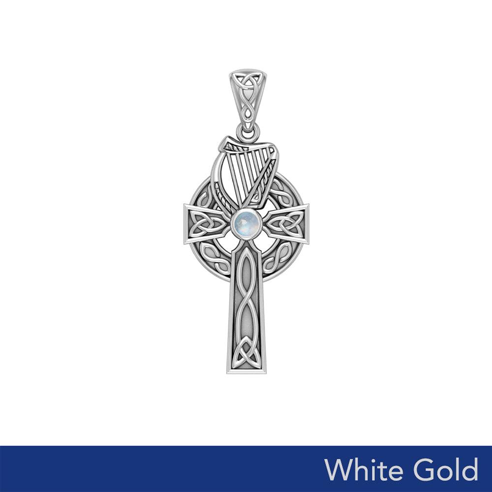 The Harp of Eternity: White Gold Celtic Cross Pendant