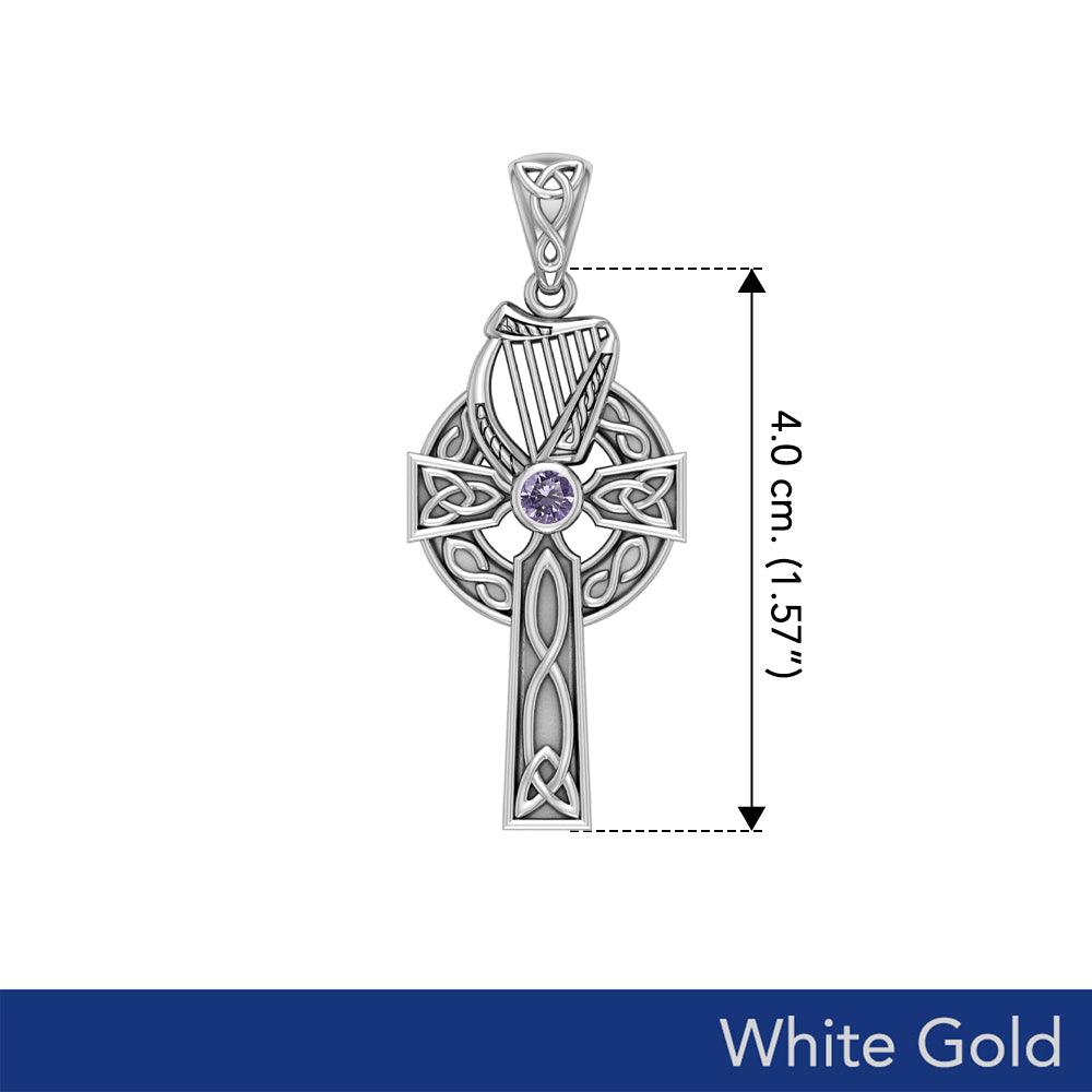 The Harp of Eternity: White Gold Celtic Cross Pendant