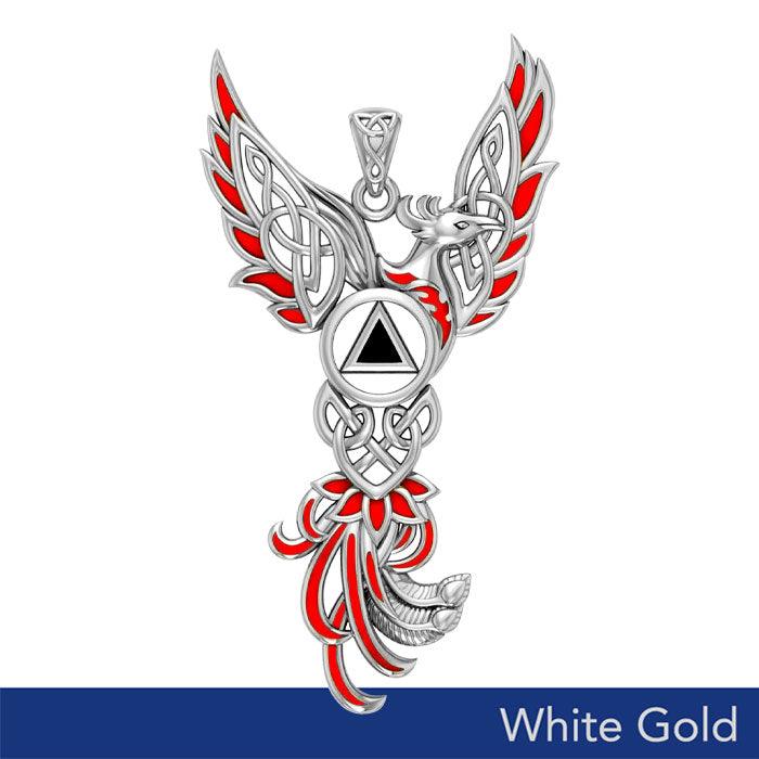 Celtic Phoenix Pendant in Solid White Gold with Red Enamel & Black Onyx