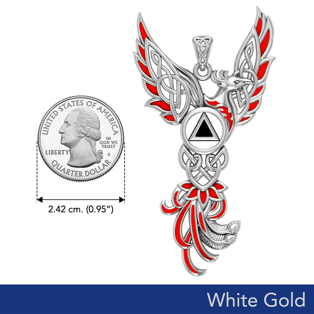 Celtic Phoenix Pendant in Solid White Gold with Red Enamel & Black Onyx