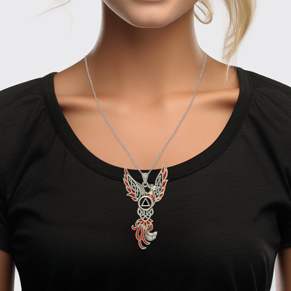 Celtic Phoenix Pendant in Solid White Gold with Red Enamel & Black Onyx