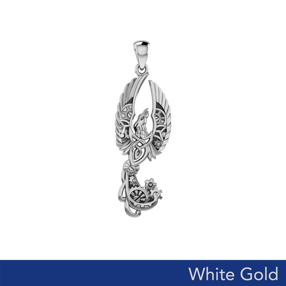 Steamphoenix Solid White Gold Pendant - Steampunk Phoenix in 10k, 14, or 18k