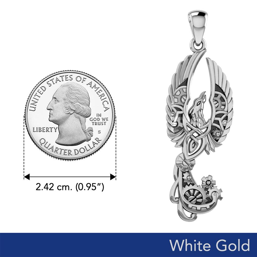 Steamphoenix Solid White Gold Pendant - Steampunk Phoenix in 10k, 14, or 18k