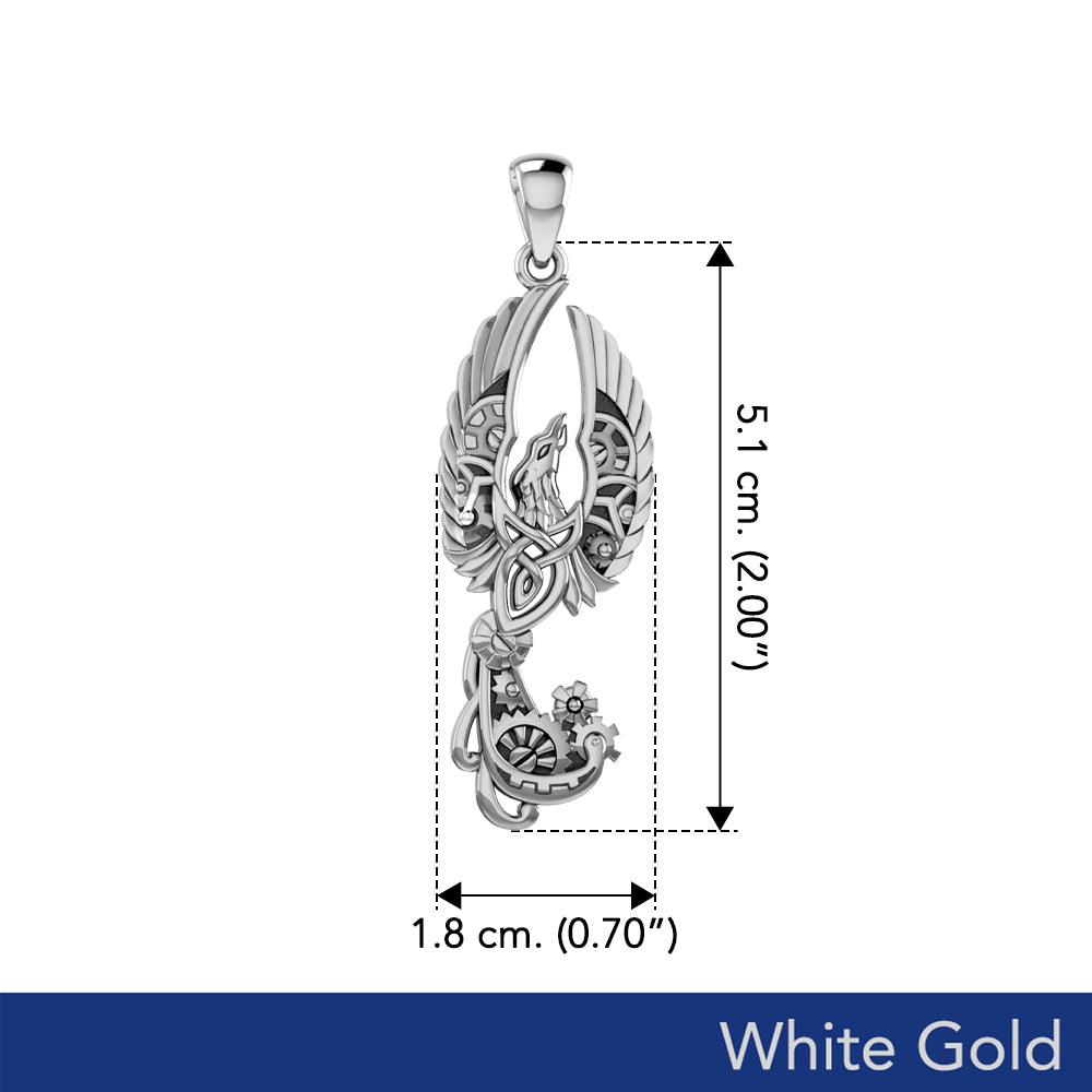 Steamphoenix Solid White Gold Pendant - Steampunk Phoenix in 10k, 14, or 18k