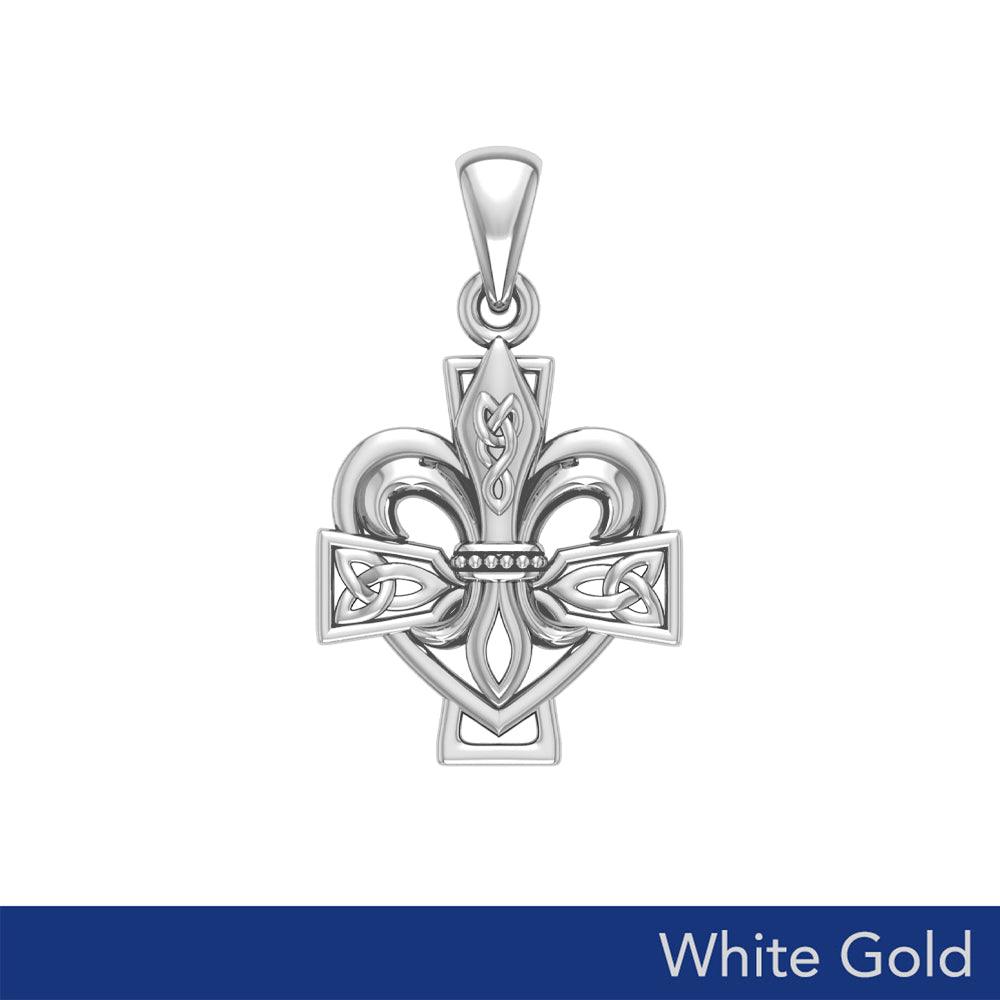 The Cross and the Lily: White Gold Celtic Fleur-de-Lis and Celtic Cross Pendant