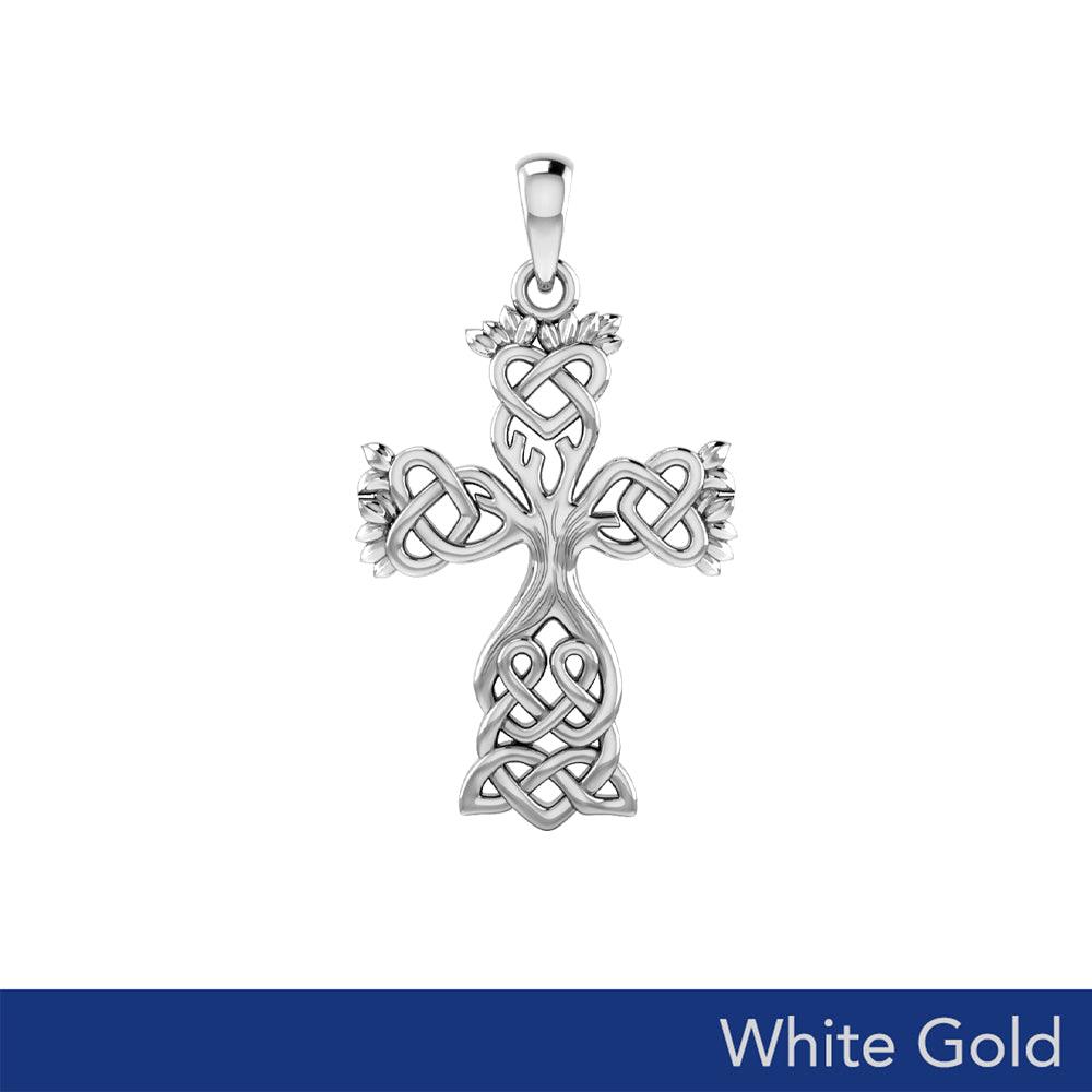 Tree of Life Cross Celtic Pendant – Solid White Gold Elegance