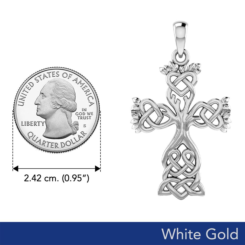 Tree of Life Cross Celtic Pendant – Solid White Gold Elegance