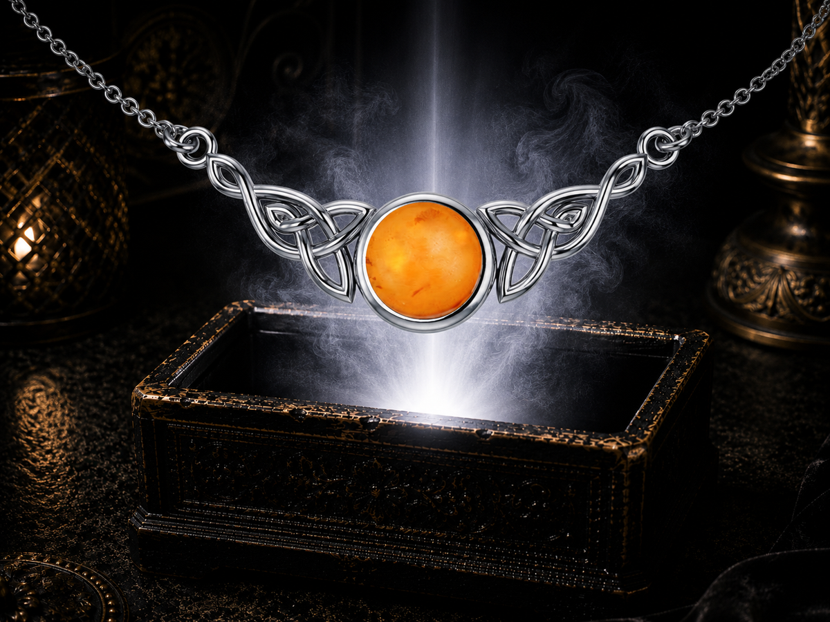 Amber Celtic knot sterling silver gemstone necklace floating above a glowing ornate jewelry box in a dark cinematic setting