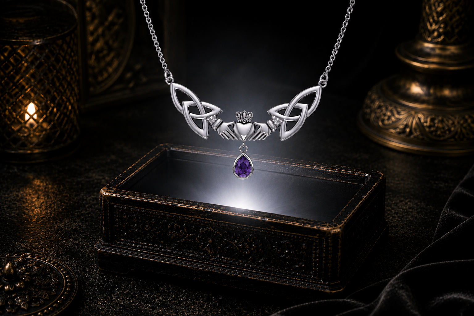 Sterling silver Celtic Claddagh drop necklace with amethyst gemstone accent floating above a glowing ornate jewelry box in a dark cinematic setting